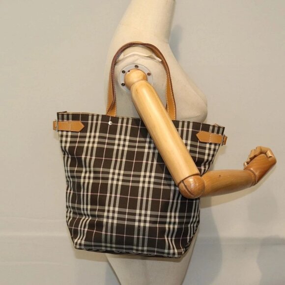 BURBERRY Nova Check Blue Label Tote Bag Nylon Brown Auth - Picture 1 of 15